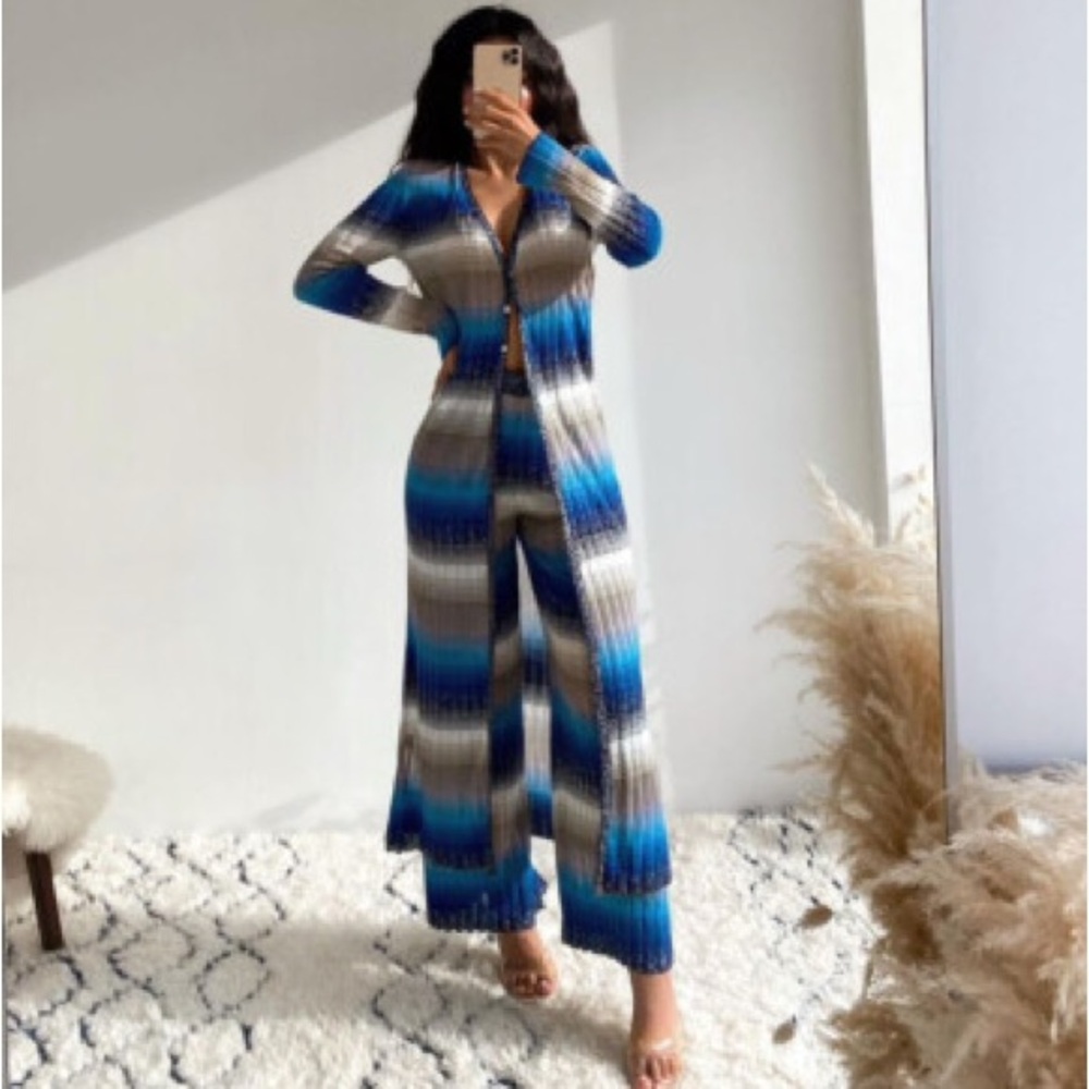 Zara Striped Long Cardigan in Blue and Gray